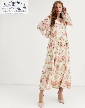 

2020 new Spring Summer European Fashion floral flower Printed zaraing women Long Dress vadiming sheining female dress XHN9402