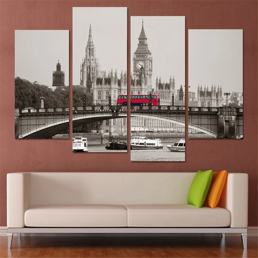 Modern-City-Landscape-London-Big-Ben-Red-Bus-4-Pieces-Canvas-Painting-Posters-And-Prints-Wall (3)