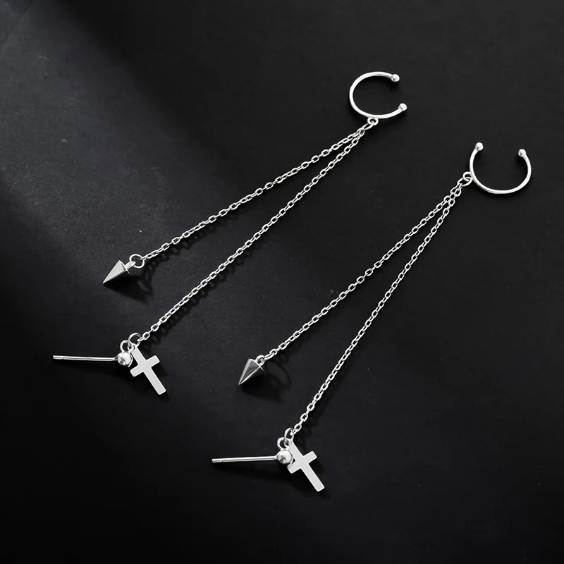 Серьги-подвески с серебряным крестом и длинной цепочкой, 925, Индивидуальные женские серьги в стиле хип-хоп с кисточками и Шило, серьги на застежке, модные ювелирные изделия