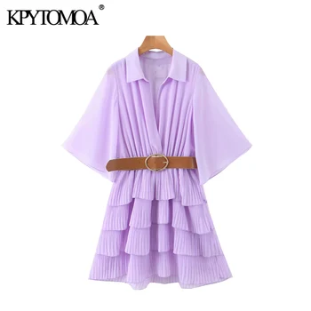 

KPYTOMOA Women 2020 Chic Fashion See Through Ruffled Chiffon Mini Dress Vintage Elastic Waist With Belt Lining Female Dresses