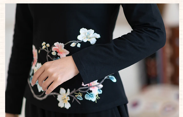 KYQIAO blusa feminina Женская осенне-Весенняя Оригинальная дизайнерская блуза с длинными рукавами и воротником-стойкой, черная, красная, зеленая блузка с вышивкой, рубашка