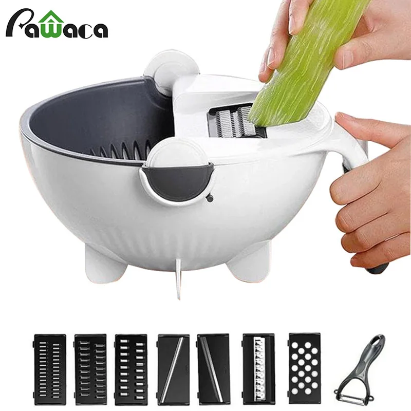 

9 in 1 Rotary Vegetable Chopper Cutter Slicer with 8 Dicing Blade Multi-Function Potato Shredder Salad Machine with Drain Basket