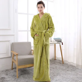 

Pocket Winter Robe Female Long Flannel Kimono Gown Casual Hooded Bathrobe Thick Coral Sleepwear Home Wear Sexy Peignoir Pregnant