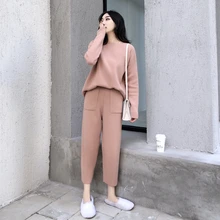 Новые женские осенние трикотажные брюки спортивный костюм комплект из 2 предметов пуловер Топ + широкие брюки комплект из двух предметов вя...(China)