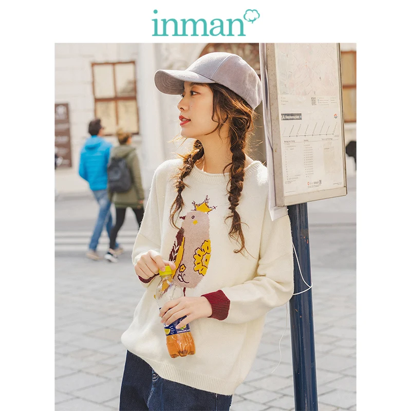 INMAN Spring Autumn O-neck Drop-shoulder Sleeve Contrart Cute Jacquard Loose Women Pullover | Женская одежда