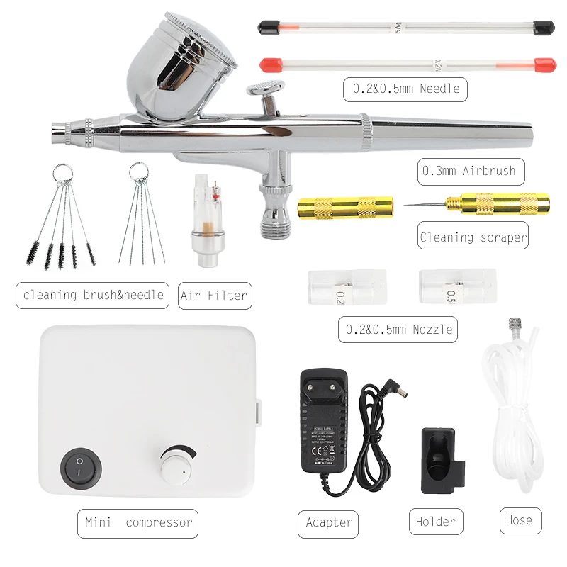 Onnfang воздушно-щетка ВОЗДУШНЫЙ КОМПРЕССОР КОМПЛЕКТ 0,2/0,3/0,4/0,5 мм Краски двойного действия пистолет татуировки Маникюр Ремесло торт для искусства ногтя Набор - Цвет: ASG033-B-1WH