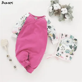 

bunvel Newborn Baby Girls Rompers Floral Print Long Sleeve Jumpsuit Jumpers +Flower Hat Infant Baby Girls 2pcs Outfits Sets