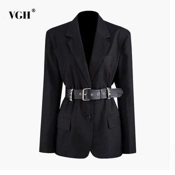 

VGH Casual Women's Blazers Notched Long Sleeve High Waist With Sashes Tunic Suits For Female Fashion Autumn Winter 2020 Tide