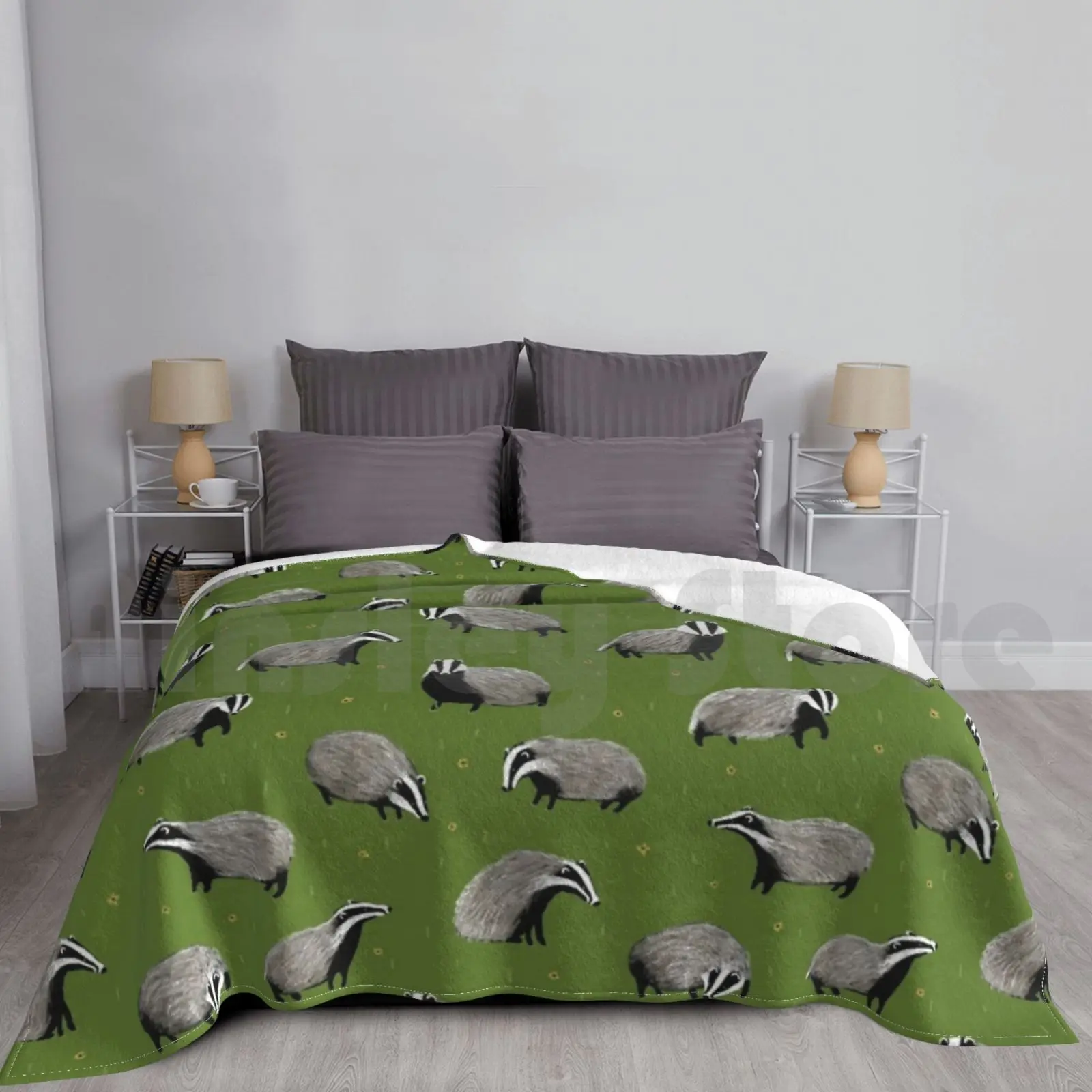 

Badger Pattern Blanket Super Soft Warm Light Thin Badger Badgers Pattern Repeat Green Wood Woodland Forest Uk British