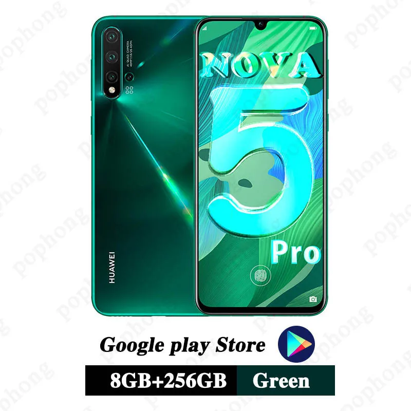 huawei Nova 5 pro, 8 ГБ, 128 ГБ, мобильный телефон, четыре ядра, 6,39 дюймов, OLED, Android 9,0, 3500 мАч, встроенный экран, отпечаток пальца, Google play - Цвет: 8G 256G green