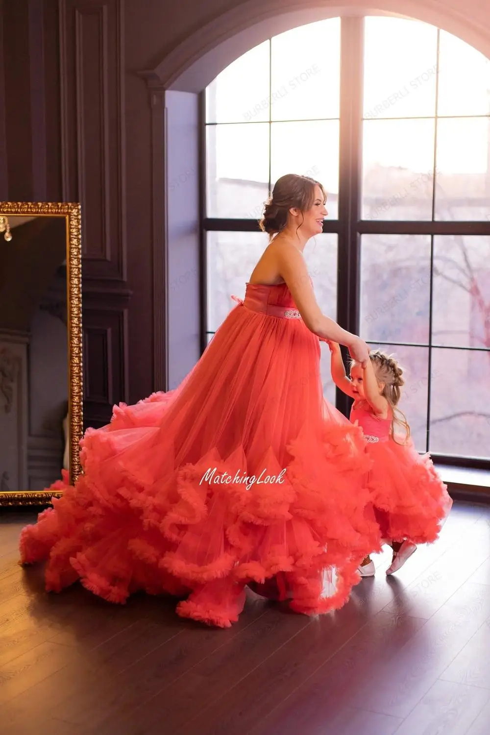 Mom And Kid Tulle Dresses Ball Gown With Crystals Ruffles Long Plus Size Extra Puffy Tulle Maternity Dresses Lace-up Back
