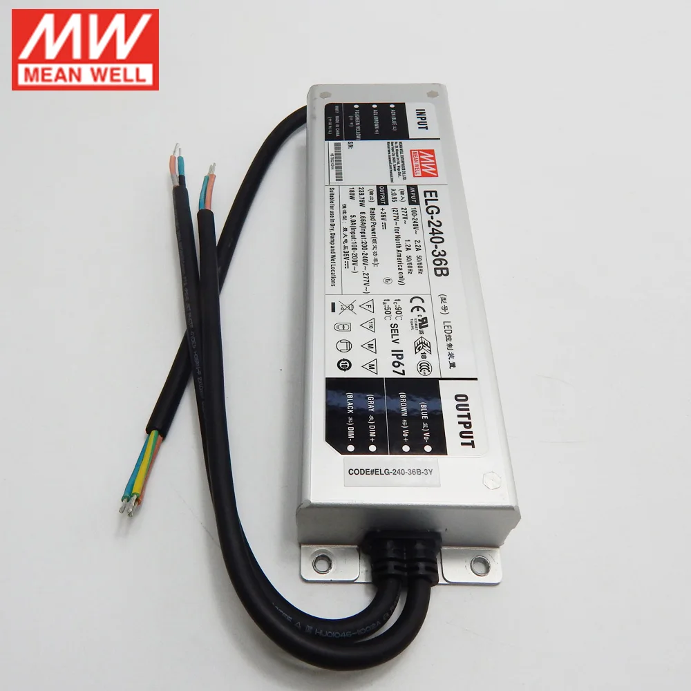 Бренд MEAN WELL представляет ELG-240-36B 240 Вт 36В светодиодный Регулируемый источник питания 110 V/220VAC для е-байка 36В DC 6.66A водонепроницаемый IP67 Meanwell светодиодный трансформатор