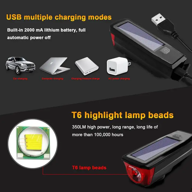 Usb зарядка Солнечный велосипедный светильник зондирования фары горного велосипеда с рогом езда оборудования аксессуары черный