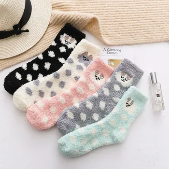 

1 Pair Women Wave Dot CAT Thickening women cotton Lovely Plush Keep Warm Sleep ladies funny cute Socks hosiery Winter kawai