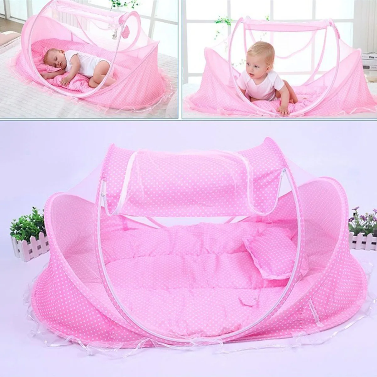 

Baby 4pcs Portable Baby Bed Crib Folding Baby Mosquito Net Summer Infants Insect Netting Cushion Mattress Baby Mosquito