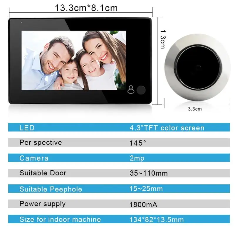 4,3 дюймов Домашний Беспроводной дверной звонок lcd Цифровой Видео дверной глазок дверной звонок умный с 145 градусов одной кнопкой просмотра камеры