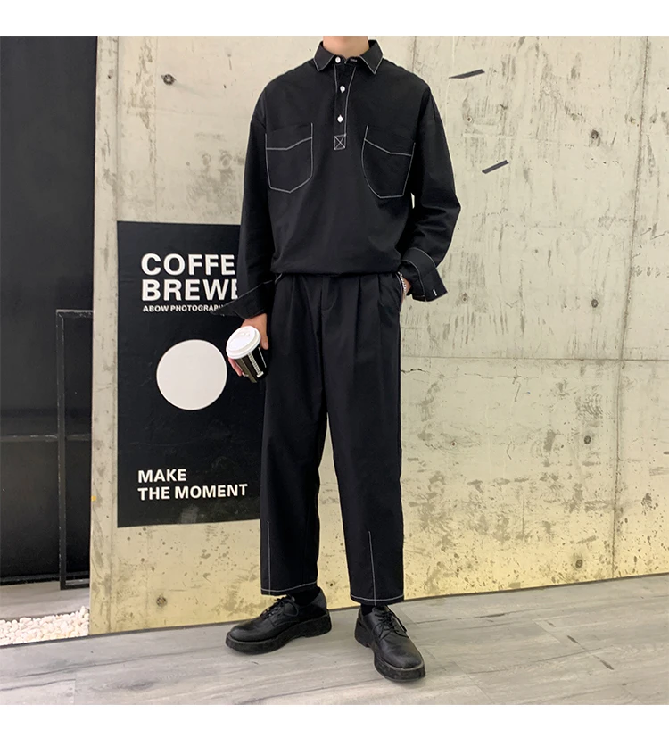 Мужской Свободный Повседневный пуловер с длинными рукавами, рубашка, Япония, уличная хип-хоп прямые шаровары, мужские комплекты из 2 предметов(рубашка+ штаны