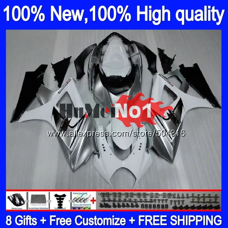 Корпус для SUZUKI GSXR1000 K7 GSX-R1000 GSXR 1000 22MC. 5 1000CC GSXR-1000 07 08 GSX R1000 2007 2008 07 08 Обтекатели серебристо-белый