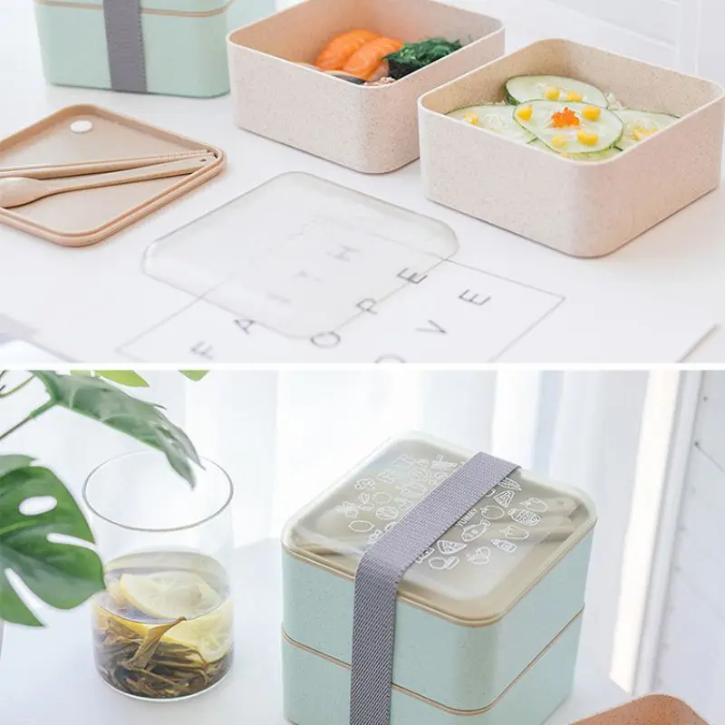 Ланч-бокс двойной площади пшеничной соломы может Microwavable Ланч-бокс зеленый студенческий Ланч-бокс для взрослых