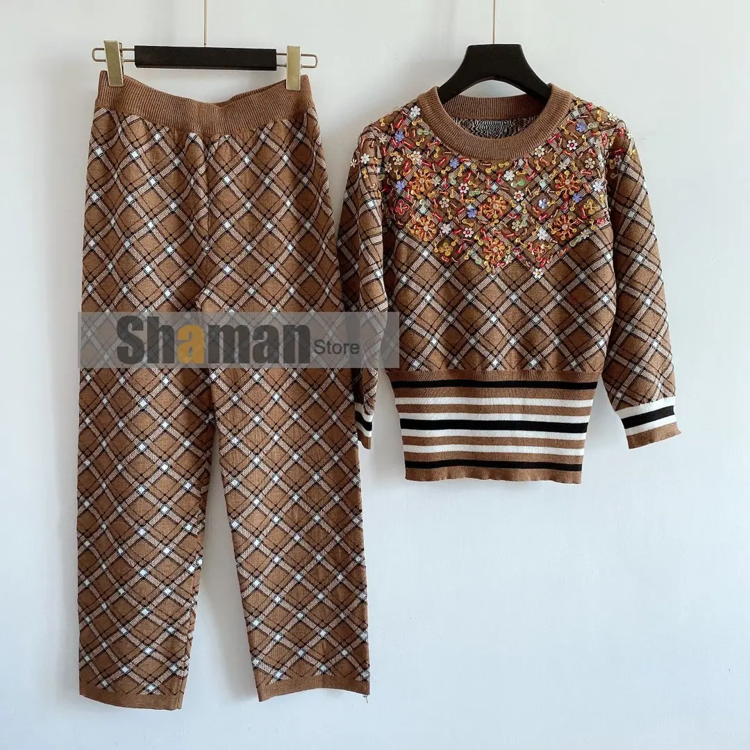 

luxury designer fall clothes outfits for women branded two piece slim fit set plaided Sequins pullover sweater + knitted pants