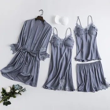 

Sexy 4PCS Kimono Gown Wedding Robe Set Female Lace Sleepwear Intimate Lingerie Satin Nightwear Summer Casual Nightdress Homewear