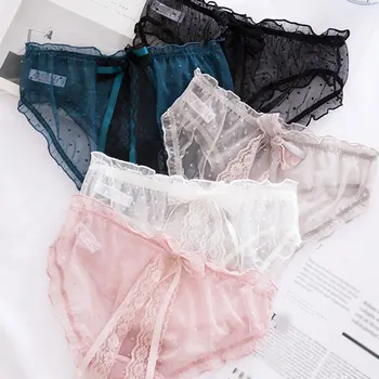 

Women Panties Sexy Lace Lingerie Summer Sweet Long Ribbon Bow Seamless Briefs Girls Low-Rise Breathable Transparent Underwear