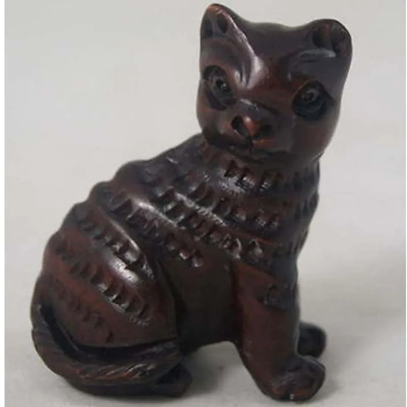 Lovely Cat YY1991A 5X4X3 CM Carved Boxwood Carving Figurine Netsuke 