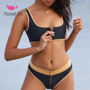 

Pocket Girl 2020 Women Zipper Brazilian Bikinis Swimsuit Sexy Push Up Bikini Set Swimwear Femme Bathing Suit Beach Wear Biquini