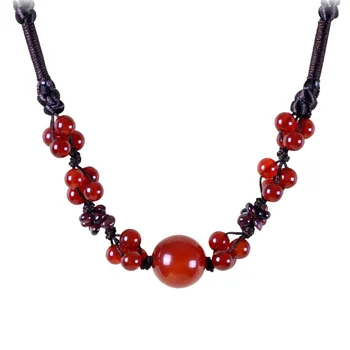 

FYJS Unique Handmade Weave Red Agates Beads Pendant Rope Chain Necklace Ethnic Style Jewelry