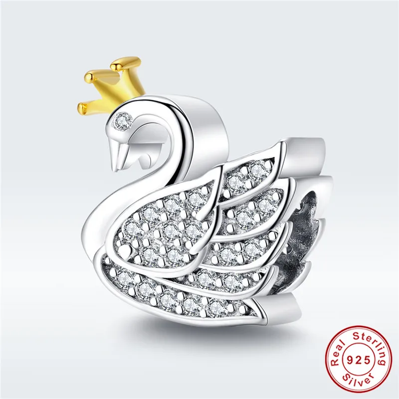 Fit Pandora браслет серебро 925 diy белый CZ Принцесса Корона Лебедь из бусин S925 Циркон королева птица подвеска для изготовления ювелирных изделий