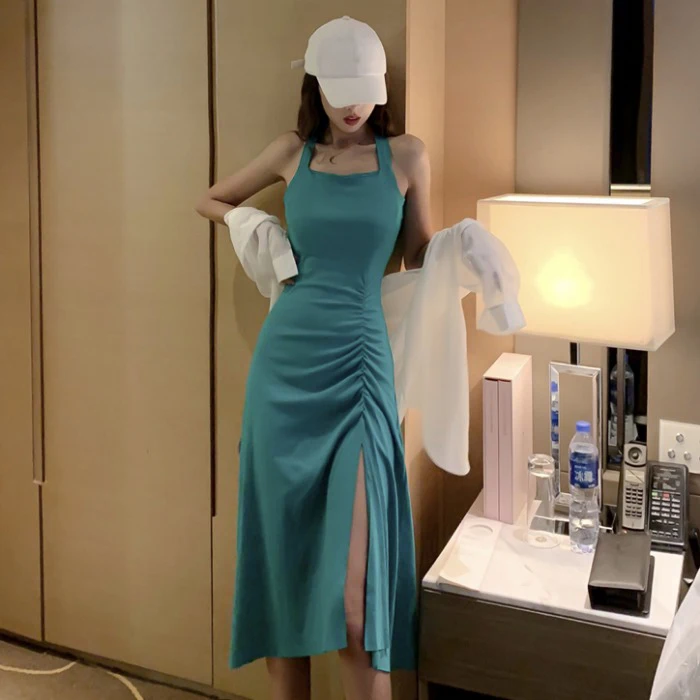 

Sexy Vintage Solid Black High Waist Slim Elegant Split Halter Cross Backless Off Shoulder Sexy Bodycon Midi Long Cotton Dress