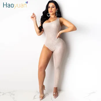 

HAOYUAN Sexy Sequin One Legged Jumpsuit Rompers Women Fashion Bodysuit Rave Festival Bodycon Overalls Club One Piece Outfit