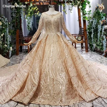 

HTL676 luxury wedding dress long sleeve royal train beading appliques ball gown lace up pleat marriage dress robe de mariee 2020