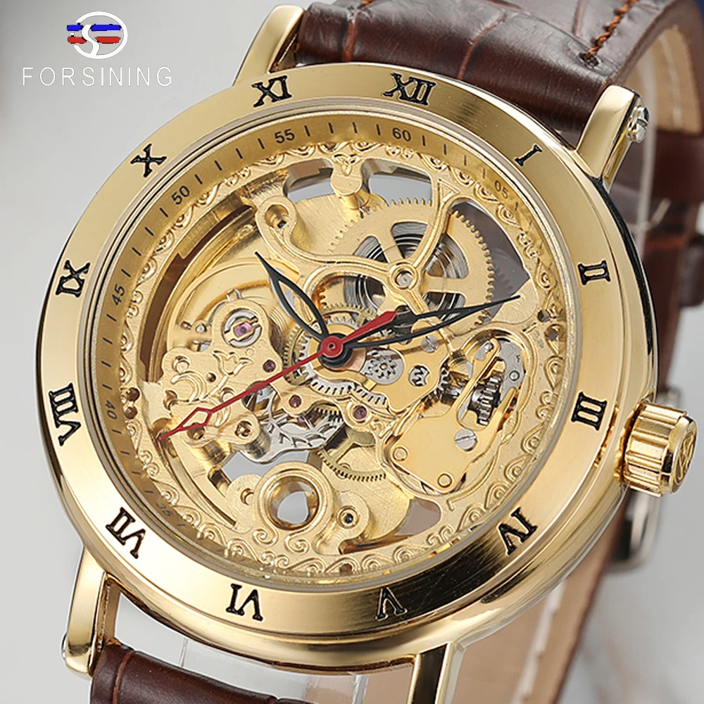 Forsining Top Brand Luxury Royal Flower Carving Gear Golden Movement Genuine Leather Roman Number Bezel Mens Mechanical Watches | Наручные