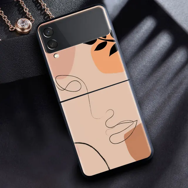 For Samsung Galaxy Z Flip 3 5G Case Luxury Matte Black Hard Phone Cover ZFlip 3 Shockproof Fundas Shell Abstract Women Face Line B06