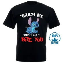 Футболки с вышивкой Touch Me And I Will Bite You Lilo And Stitch, черная футболка с рисунком, Мужская футболка унисекс, новая модная футболка 011531