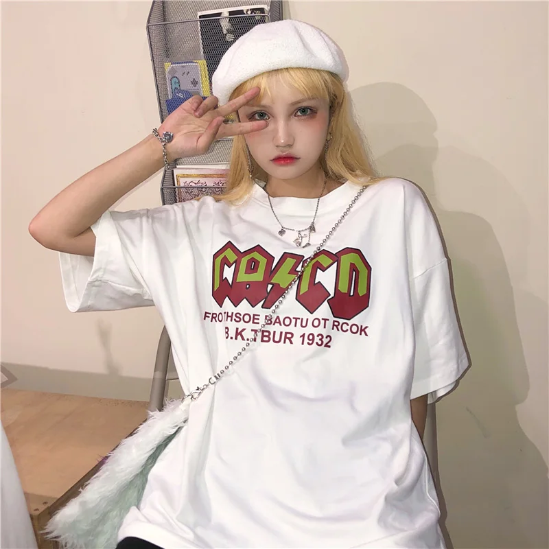 

Harajuku Women T-shirts Size Loose Female Letters Tops Print Hip Hop Short Sleeve Couple T-shirt vintage clothes tshirt vintage