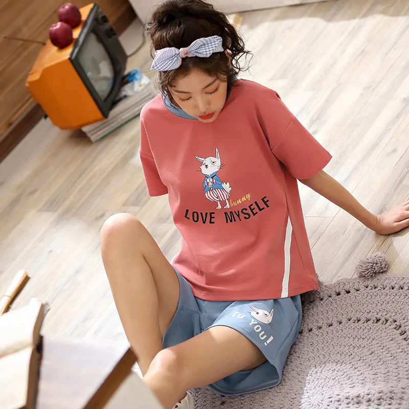 

Pajamas Female Summer Short Sleeve Pure Cotton Two-Piece Set Summer Korean-style Fresh Students Summer Thin Home Wear-Outer Wear
