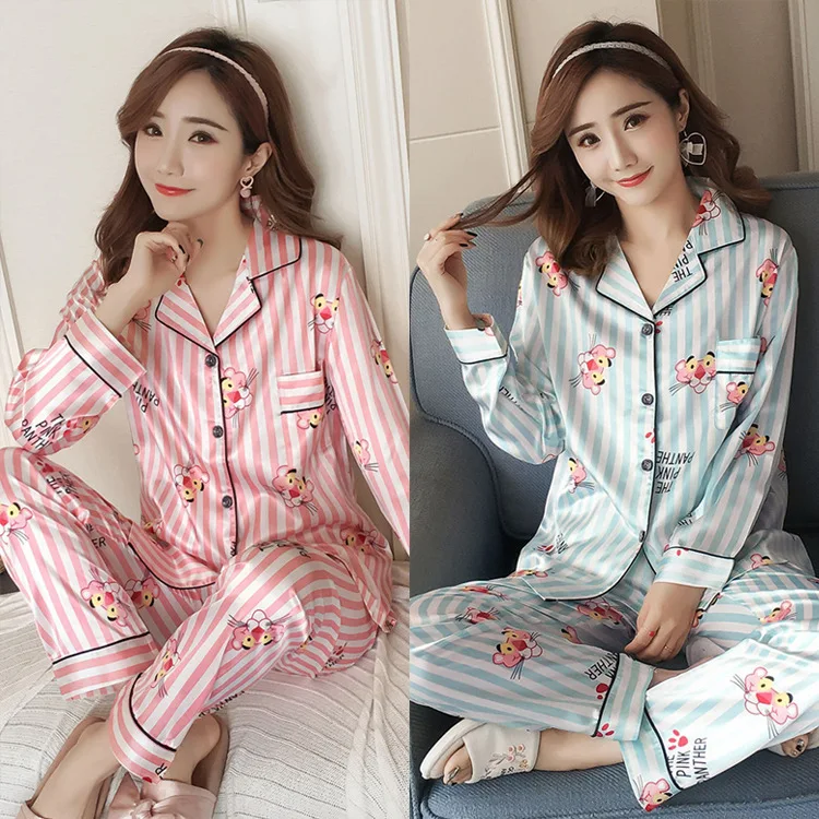 

Spring Summer Pajamas Women's Viscose Sexy Model Silk Thin Pajamas WOMEN'S Cardigan Printed Long Sleeve Homewear Set