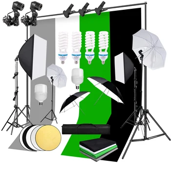 

Photography Background Frame Support Softbox Lighting Kit 135W Light Lamp 4Pcs Backdrops Tripod Stand Reflector Board 4 Umbrella