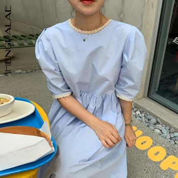 

SHENGPALAE 2020 New Summer Women Vintage Loose High Waist Slim Was Thin Elegant Solid Color Puff Sleeve Maxi Dress ZA4893