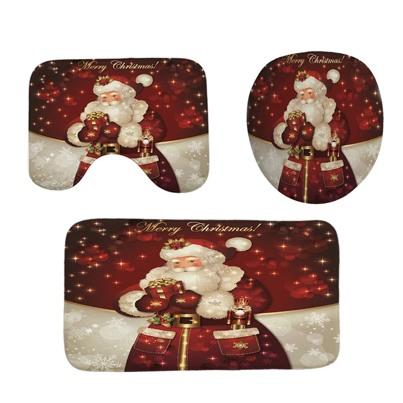 3pcs Mat Set LANGRIA Рождество 4 шт. ванная комната занавеска для душа Водонепроницаемый снеговик для ванной занавески набор туалет крышка коврик нескользящий ванная комната коврик набор - Цвет: 3pcs Mat Set