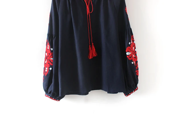 Хлопок Лен Boho вышитые блузки летние с длинным рукавом Женские блузки Белый Синий Черный Повседневная Свободная блузка AF118