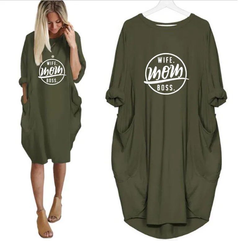 

New Fashion Long Sleeves Loose Pocket Dress Wife Mom Boss Printed Dresses Woman Beach Female Clothes Vestidos Dropship