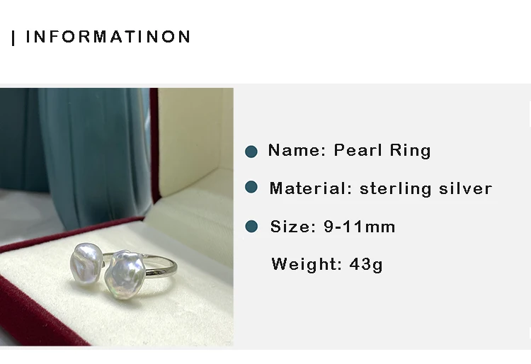 2021 Summer Female Pearl Ring Baroque Pearl Open Ring Adjustable Ring Setting Double Bead Ring Simple Female Ring Woman's Jewelr