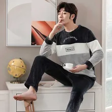 Thicken Warm Flannel Pajamas Set Male Long Sleeved Cartoon Men's Winter Leisure Loose Home Cloth Autumn Loose Men Sleepwear Top