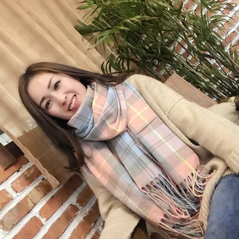 

Autumn and winter new double-use imitation cashmere scarf plus thick warm color plaid scarf female Korean version of the collar