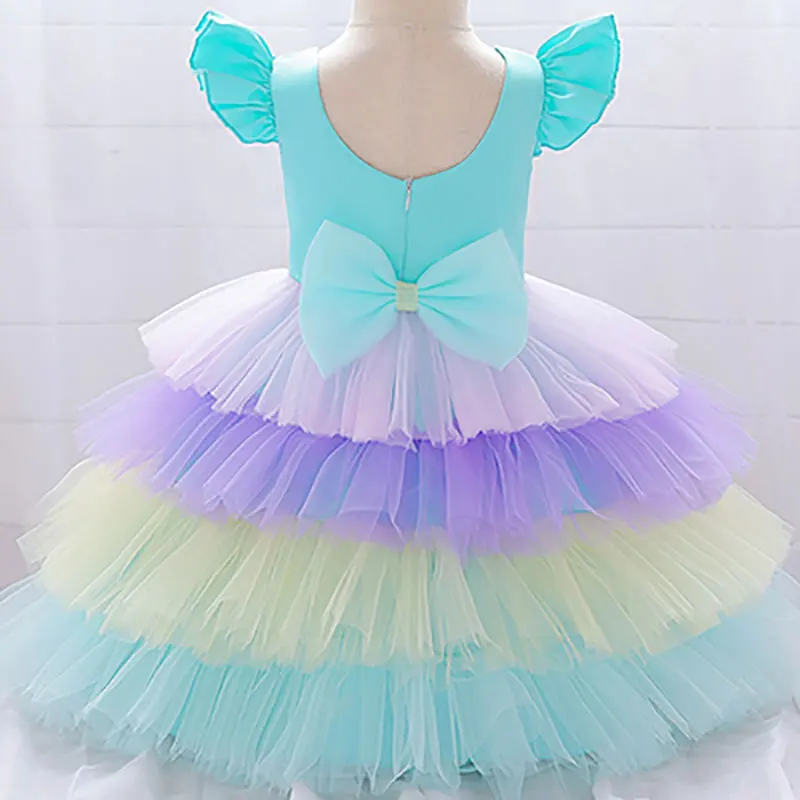 

Flare Sleeve Layered Mesh Dress Cartoon Wedding Girl Dresses Pageant Formal Princess Kids Robes