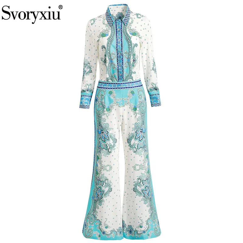 

Svoryxiu Fashion Runway Autumn Two Piece Set Women's Long Sleeve Blouse + Pants Vintage Blue White Totem Print Twinset