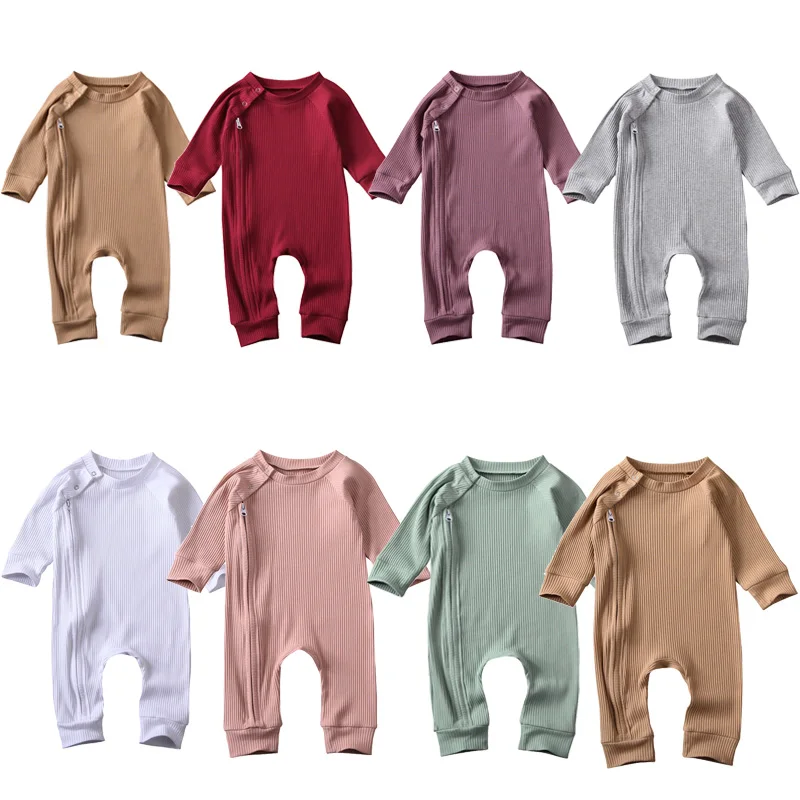 

0-24M Newborn Baby Boys Girls Solid Romper With Zipper Cotton Kids Girls Long Sleeve Solid Ribbed Jumpsuit Spring Autumn Clothes